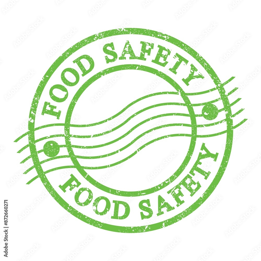 FOOD SAFETY, text written on green postal stamp. FOOD SAFETY, text written on green postal stamp.