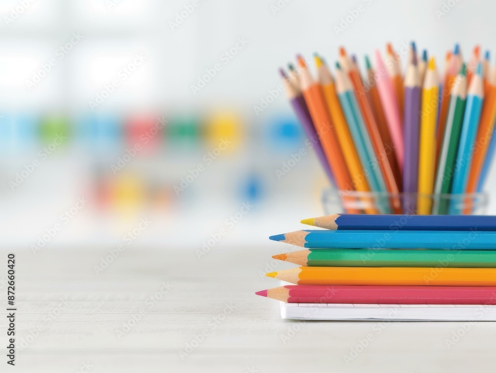 Close-up of colored pencils and a notebook on a desk. Close-up of colored pencils and a notebook on a desk.
