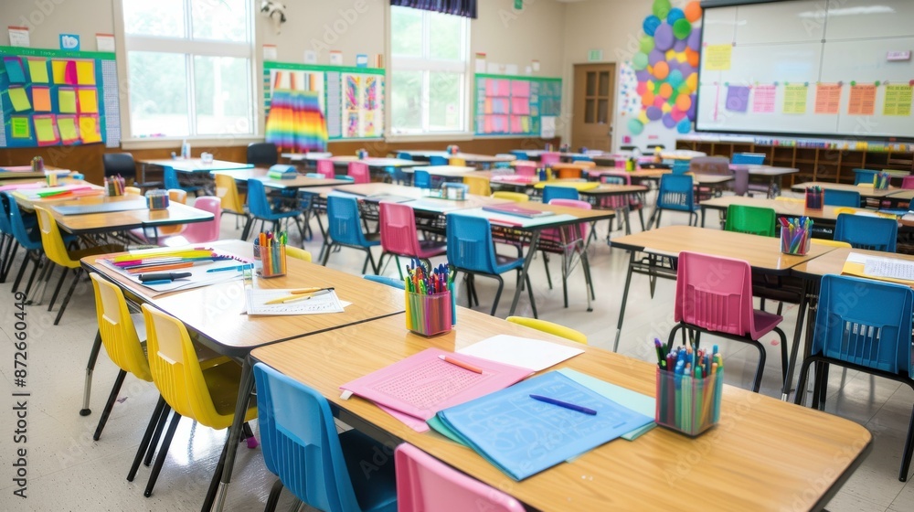 A brightly lit classroom with colorful chairs and neatly arranged school supplies on desks.