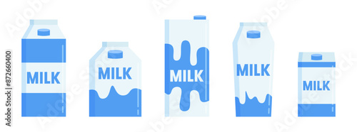 Set of milk carton box packaging diffrent shape flat illustration clip art sticker