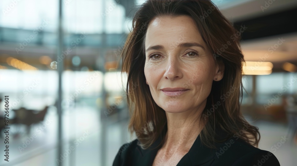 A woman with long brown hair and a black jacket is smiling. Generate AI A woman with long brown hair and a black jacket is smiling. Generate AI