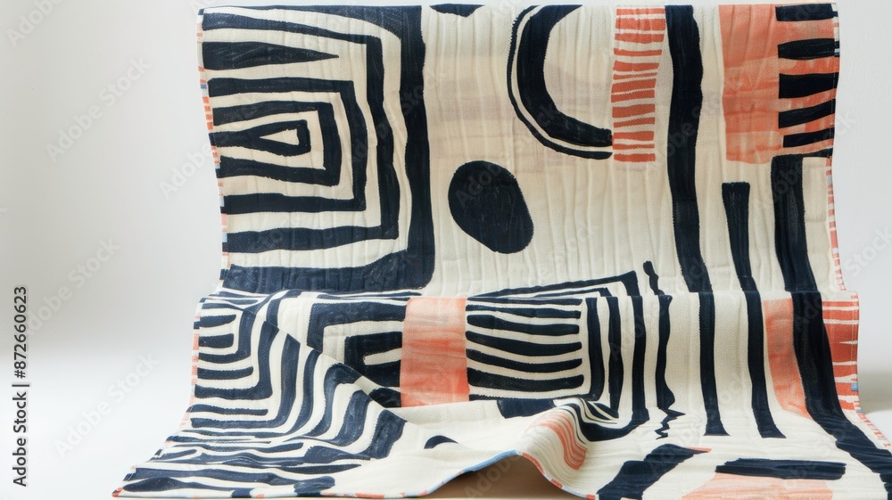A piece of fabric draped to display abstract geometric patterns in black, white, and orange. Modern and stylish design. A piece of fabric draped to display abstract geometric patterns in black, white, and orange. Modern and stylish design.
