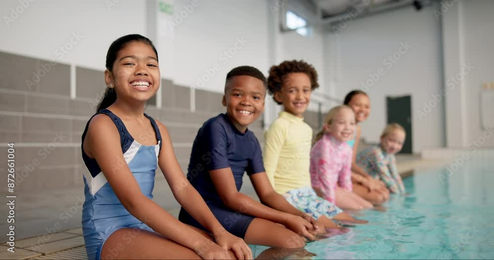 Practice, smile and face of kids by swimming pool for exercise, education and learning together. Happy, children and relax with diversity in water sport for workout, development and fun lesson Practice, smile and face of kids by swimming pool for exercise, education and learning together. Happy, children and relax with diversity in water sport for workout, development and fun lesson