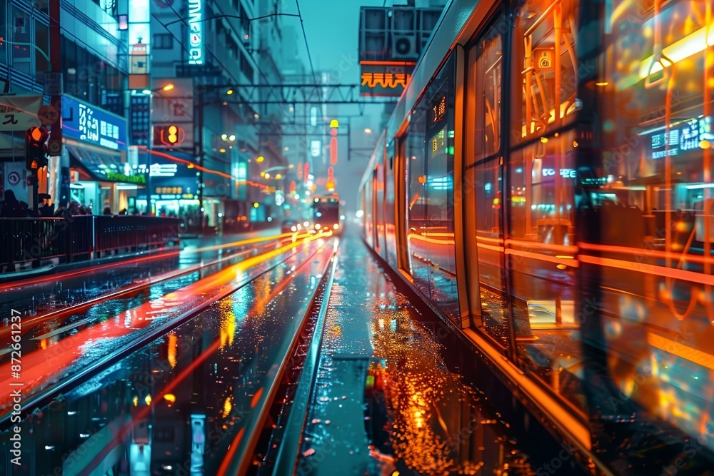 Obraz premium A city street at night with a passing train.
