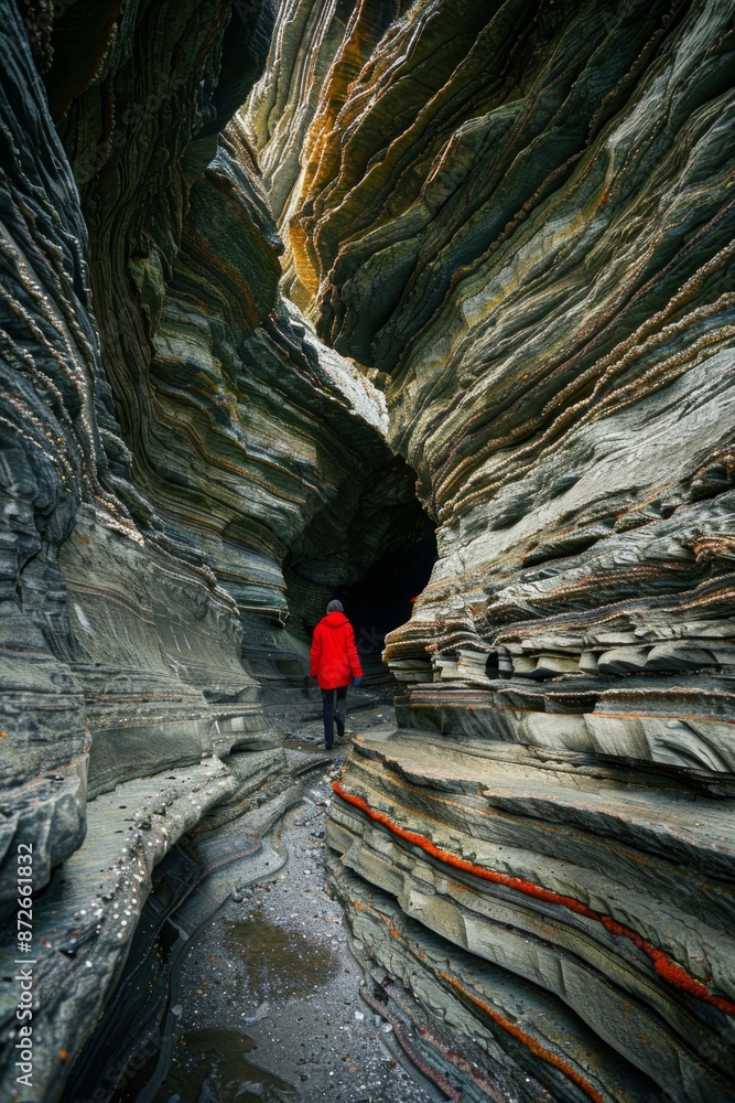 Visualize a solitary figure wearing a red jacket, walking through a tunnel carved in rock, evoking a sense of exploration and adventure in a natural environment. Visualize a solitary figure wearing a red jacket, walking through a tunnel carved in rock, evoking a sense of exploration and adventure in a natural environment.