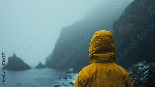 A woman in a yellow sweater and red hat stands in the center alone, looking at the foggy sea and the blurred rocky mountains. Gives a feeling of solitude,