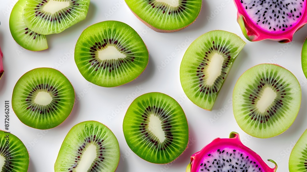 Fototapeta premium kiwi fruit cut in half and dragon fruit halved, random pattern on a plain bright white background