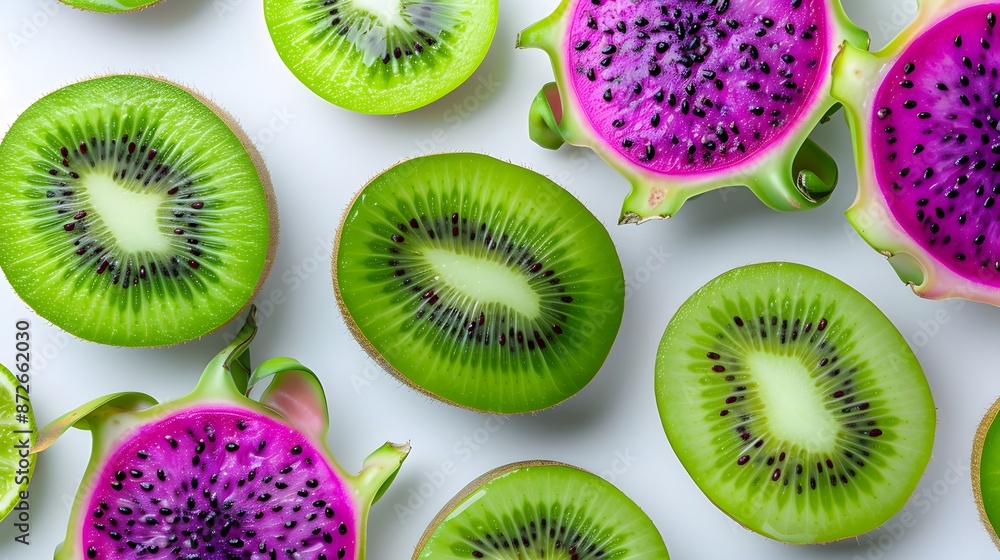 Fototapeta premium kiwi fruit cut in half and dragon fruit halved, random pattern on a plain bright white background