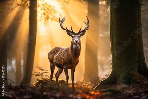 Majestic stag in a sunlit forest