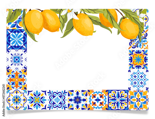Frame with blue tiles and lemon branches, vector.