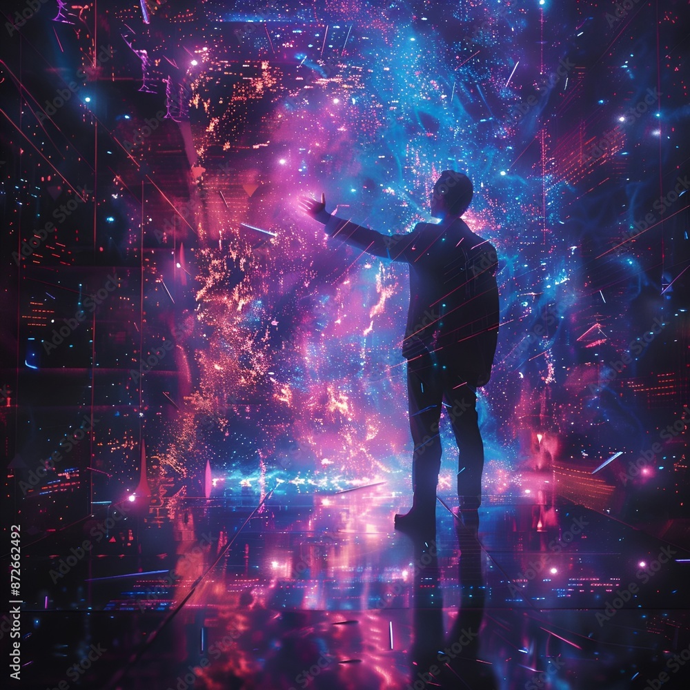 A man standing in front of a colorful space, looking up at the vibrant hues surrounding him. A man standing in front of a colorful space, looking up at the vibrant hues surrounding him.