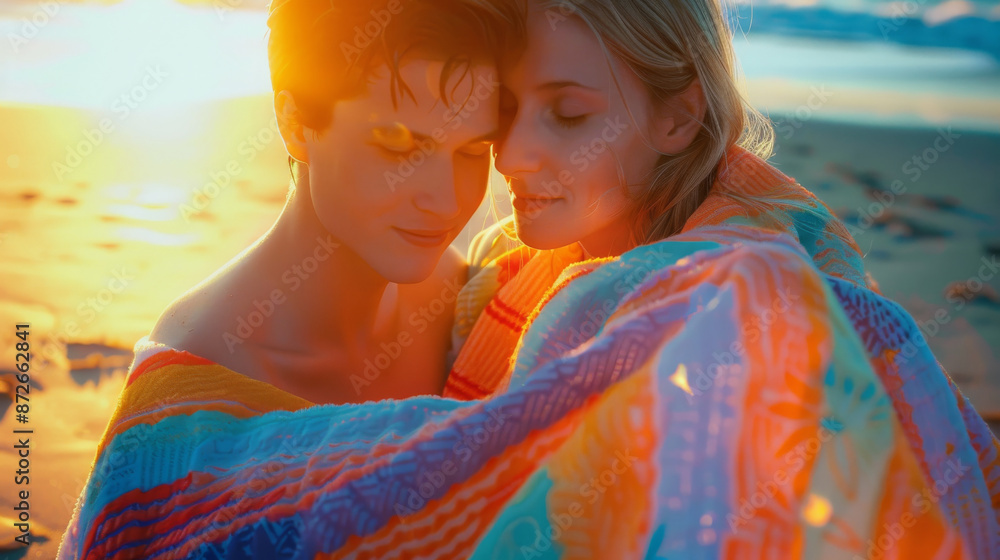 Fototapeta premium Beautiful male and female caucasian couple at beach returning from water drying themselves with beach towel after a beach and swim afternoon during summer holidays