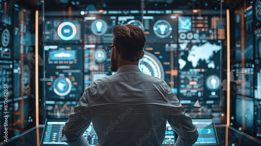 Man in Internet office, Future technology, 5G technology, technology-based mobile interface, information technology, data chart. Generative AI. Man in Internet office, Future technology, 5G technology, technology-based mobile interface, information technology, data chart. Generative AI.