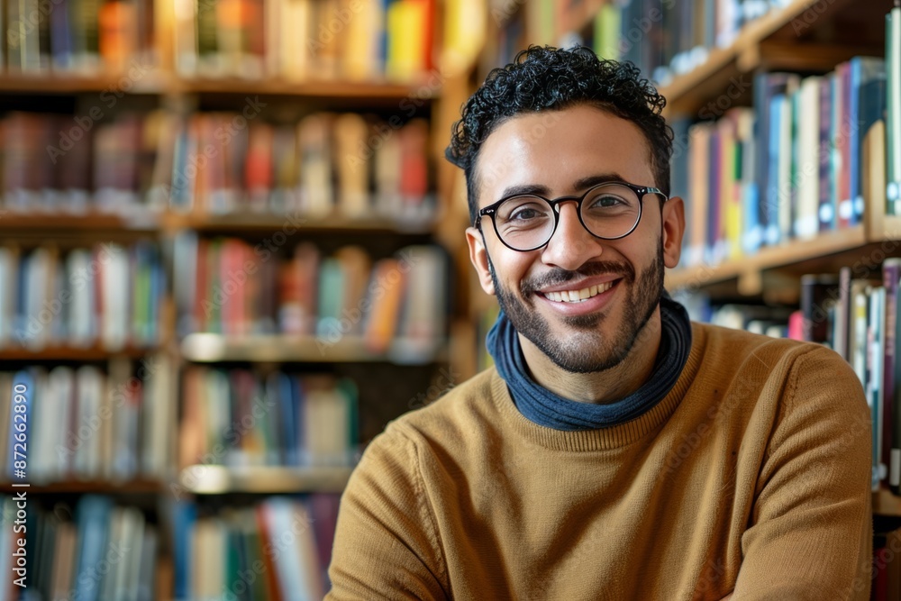 Adult Arab Librarian man, in a library with glasses, smiling and inviting to come Adult Arab Librarian man, in a library with glasses, smiling and inviting to come