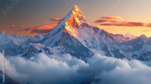 A majestic mountain peak towering above the clouds, bathed in golden sunlight with a soft mist rising from its base photo