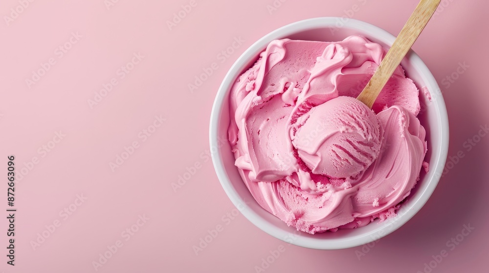 Bowl of pink icing with ice cream and a wooden spoon, creamy texture, set on a pastel pink surface, isolated, raw style, space for text Bowl of pink icing with ice cream and a wooden spoon, creamy texture, set on a pastel pink surface, isolated, raw style, space for text