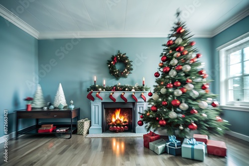 Cozy living room decorated for Christmas with a beautifully lit tree, stockings, and presents by a warm fireplace. photo