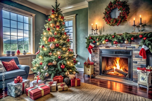 Cozy living room with decorated Christmas tree, glowing fireplace, and wrapped presents. Festive holiday atmosphere with warm lighting and ornaments. © Rudsaphon