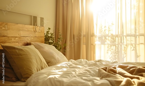 Sunlit cozy bedroom with wooden headboard, Generative AI