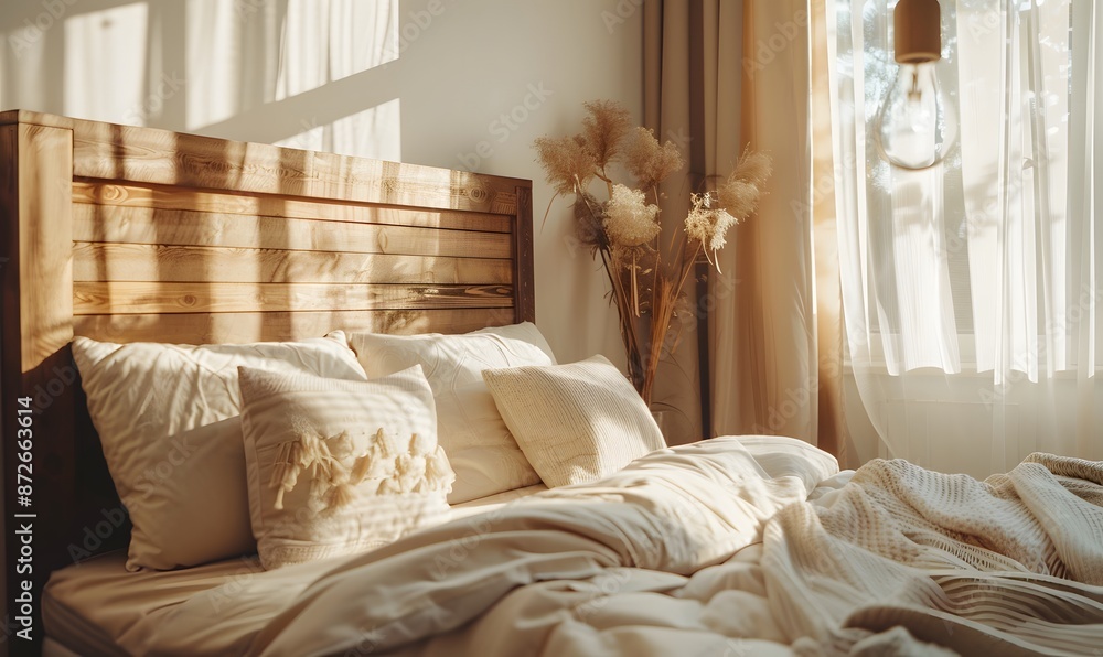 Sunlit cozy bedroom with wooden headboard, Generative AI Sunlit cozy bedroom with wooden headboard, Generative AI