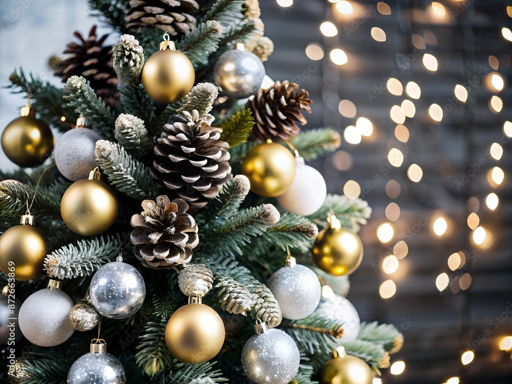 Festive decorated Christmas tree with pine cones and shiny ornaments, set against a warm, glowing backdrop of holiday lights. Festive decorated Christmas tree with pine cones and shiny ornaments, set against a warm, glowing backdrop of holiday lights.