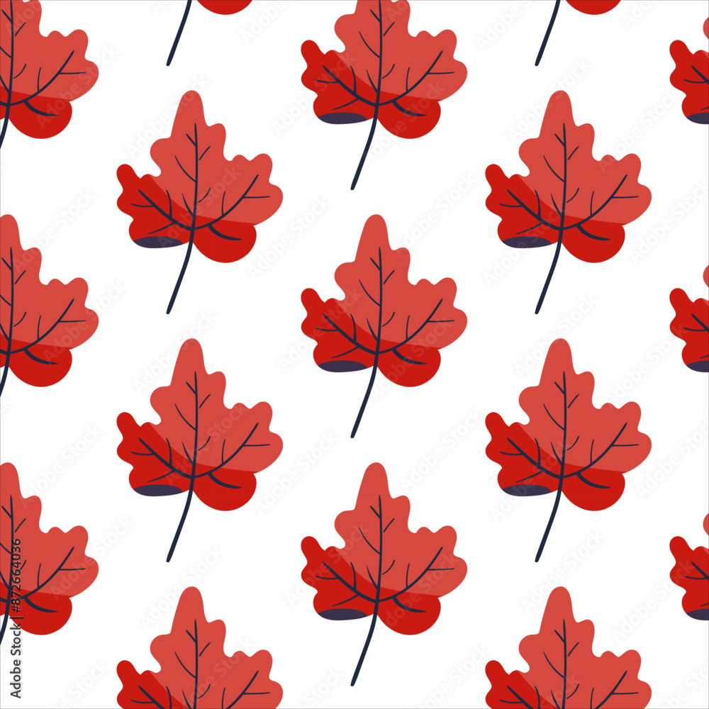 Obraz premium Seamless pattern. Simple Plant. Red maple leaves on a white background. Ornament in Scandinavian style. Hand drown. Flat vector illustration