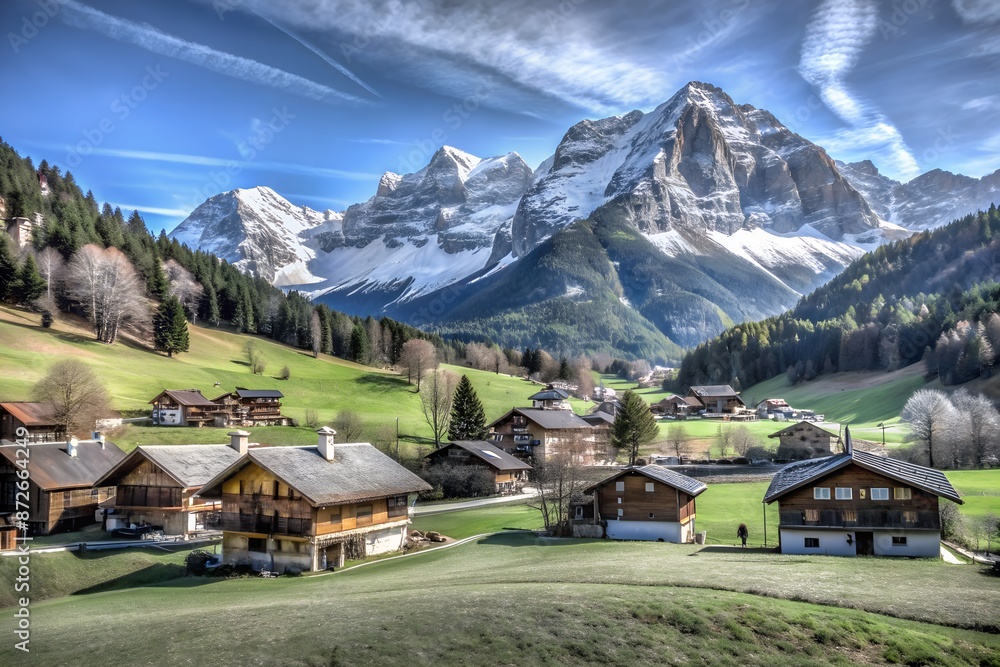 Fototapeta premium Scenic alpine village with cozy wooden houses, lush green meadows, and majestic snow-capped mountains under a clear blue sky.