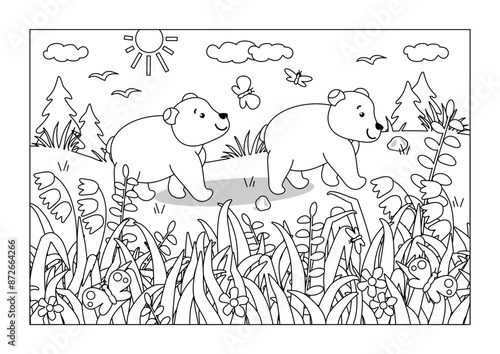 Bear cubs exploring world in summertime coloring page
