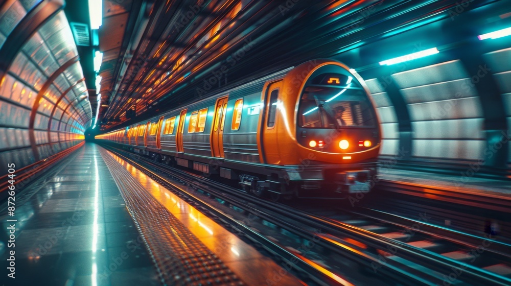 Fototapeta premium High-Speed Subway Train in Motion - Generative AI