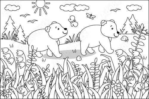 Bear cubs exploring world in summertime coloring page
