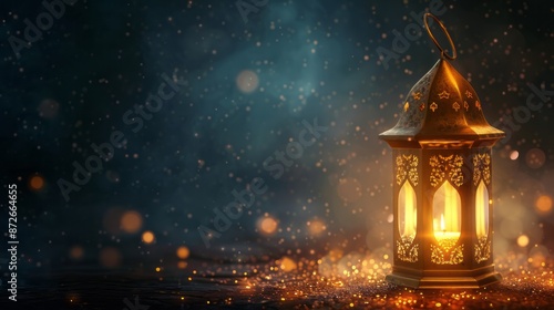 Arabic lantern of ramadan celebration background, islamic golden lantern on dark background, Eid Mubarak, Eid al Adha, glowing light