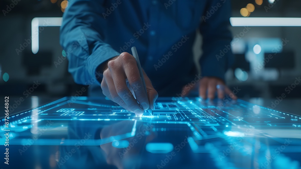 A person designing a digital interface on a futuristic touchscreen table, showcasing advanced technology and innovation in user experience design. A person designing a digital interface on a futuristic touchscreen table, showcasing advanced technology and innovation in user experience design.