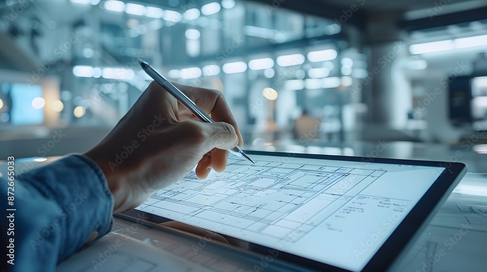 Obraz premium Architect working on digital tablet with stylus pen creating building plans in modern office space.
