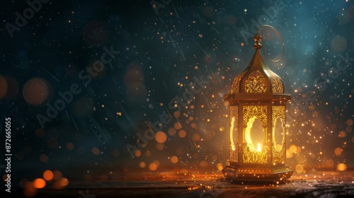 Arabic lantern of ramadan celebration background, islamic golden lantern on dark background, Eid Mubarak, Eid al Adha, glowing light