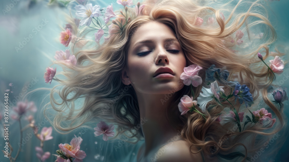 Dream-like fantasy illustration of a woman with long blond hair. Her eyes are closed, and she is surrounded by pink and blue flowers. Surreal. Dream-like fantasy illustration of a woman with long blond hair. Her eyes are closed, and she is surrounded by pink and blue flowers. Surreal.