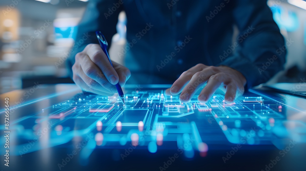 Close-up of a person interacting with a futuristic digital interface on a touchscreen, highlighting advanced technology and innovation. Close-up of a person interacting with a futuristic digital interface on a touchscreen, highlighting advanced technology and innovation.