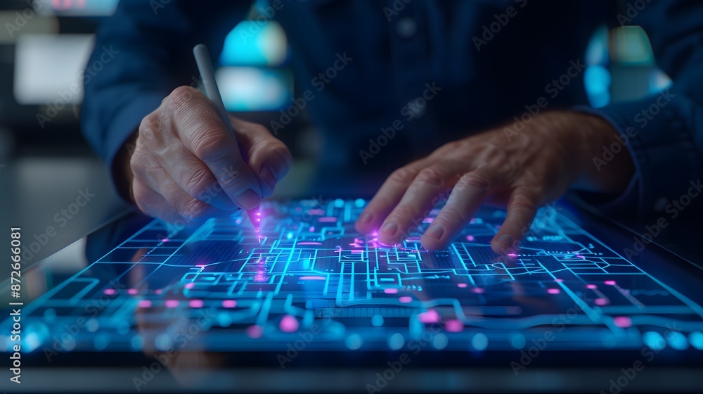 Close-up of hands designing a digital circuit on a touch screen interface, representing modern technology and innovation. Close-up of hands designing a digital circuit on a touch screen interface, representing modern technology and innovation.