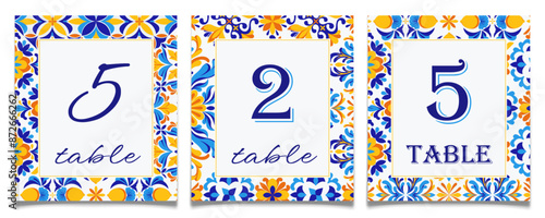 Blue and yelllow tiles wedding table cards, vector