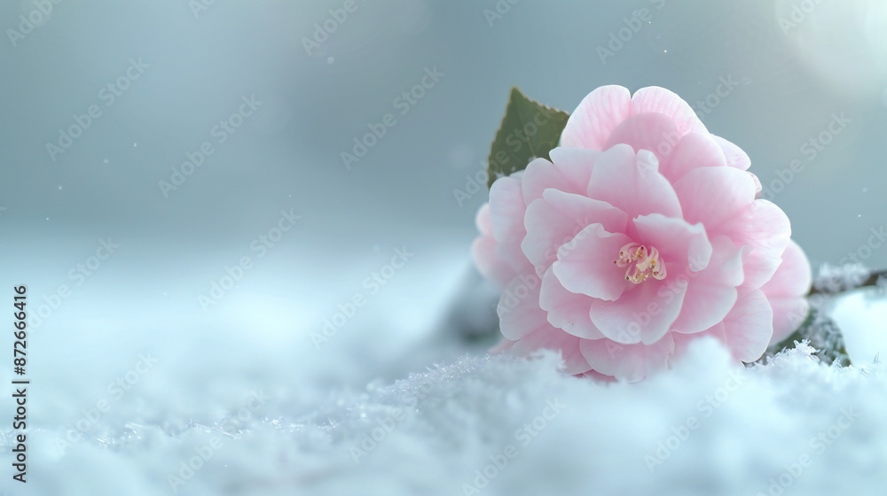Pink camellia bloom on a snowy branch, light snow against a twilight sky, soft-focus background capturing its lush petals. Pink camellia bloom on a snowy branch, light snow against a twilight sky, soft-focus background capturing its lush petals.