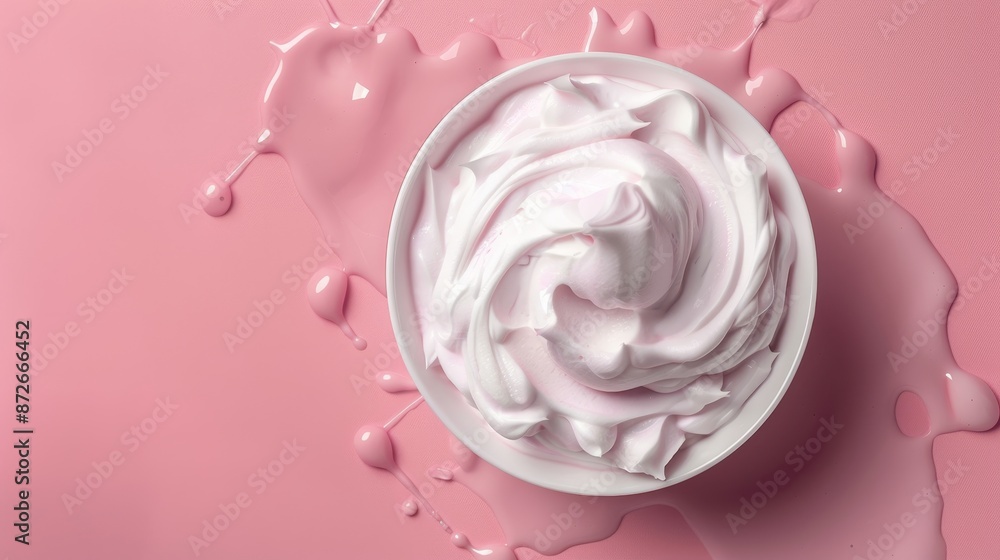 Top view of soft and creamy face cleansing mousse, light base color background, designed for advertising, isolated background, studio lighting Top view of soft and creamy face cleansing mousse, light base color background, designed for advertising, isolated background, studio lighting