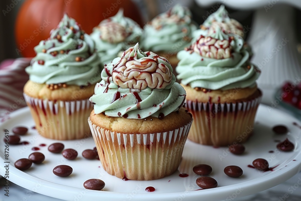 Zombie brain cupcakes for Halloween with pumpkins on blurred background. sweet snacks, themed party food. Zombie brain cupcakes for Halloween with pumpkins on blurred background. sweet snacks, themed party food.