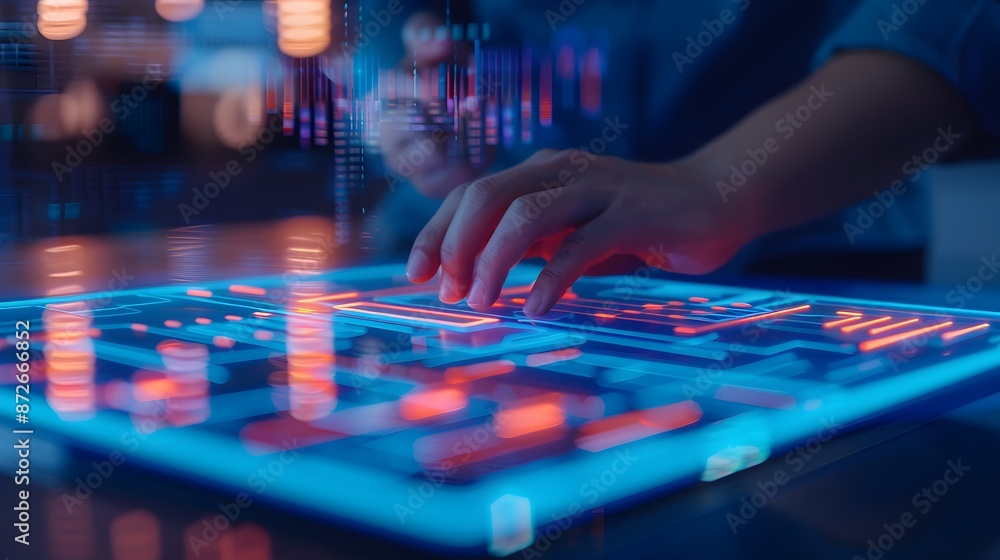 Futuristic interface with hands interacting on a high-tech touchscreen, showcasing technology and innovation in a modern setting. Futuristic interface with hands interacting on a high-tech touchscreen, showcasing technology and innovation in a modern setting.