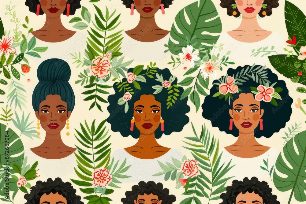 Patterned illustration of women with different hairstyles highlighting diversity and cultural beauty modern graphic art Patterned illustration of women with different hairstyles highlighting diversity and cultural beauty modern graphic art