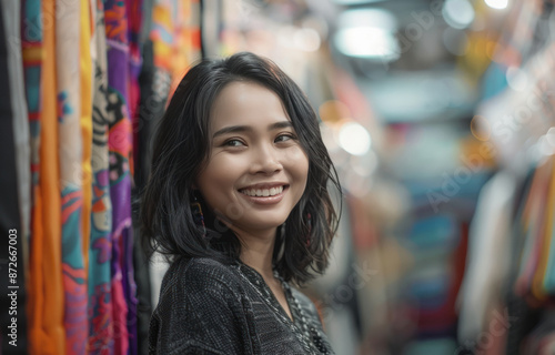 Happy beauty Indonesian woman in metal clothing store © Neha