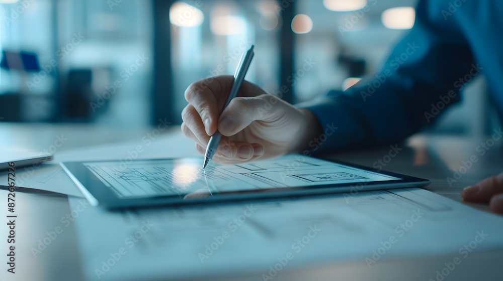 Naklejka premium Hand using stylus to write on a tablet in a modern office setting with documents and blurred background.