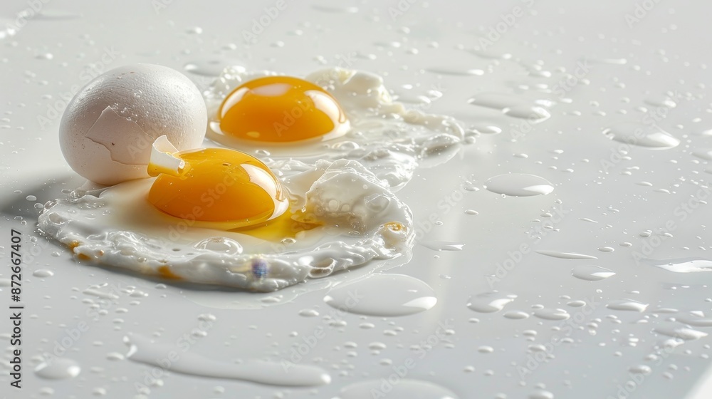 Whole eggs and cracked ones on a white floor, with yolk splattered, white background, raw and textured Whole eggs and cracked ones on a white floor, with yolk splattered, white background, raw and textured