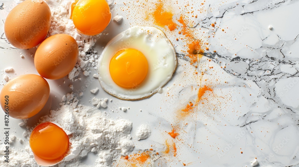 Whole eggs and cracked ones on a white floor, with yolk splattered, white background, raw and textured Whole eggs and cracked ones on a white floor, with yolk splattered, white background, raw and textured