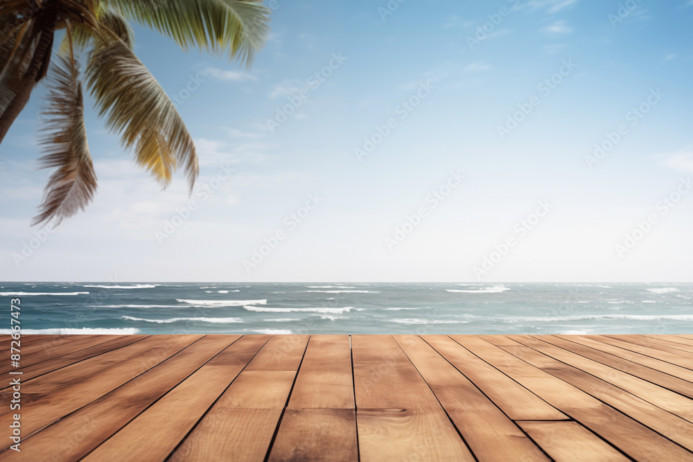 Fototapeta premium Empty board, sea and palm trees in the background.