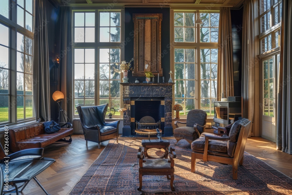 Luxury interior of living room with fireplace, armchairs and window Luxury interior of living room with fireplace, armchairs and window