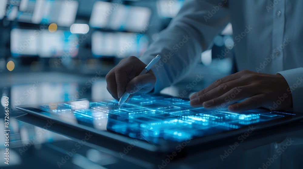 Person using a stylus on a digital tablet with holographic screen in a futuristic control room filled with monitors and technology. Person using a stylus on a digital tablet with holographic screen in a futuristic control room filled with monitors and technology.